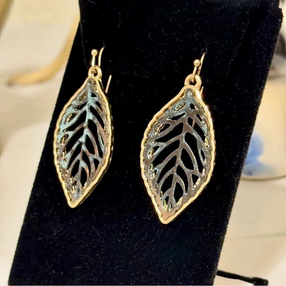 Leaf Skeleton Gold, Brown and Green Patina Drop Dangle Earrings